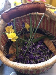 Basket filled with cut flowers—violets, hyacinth, daffodils